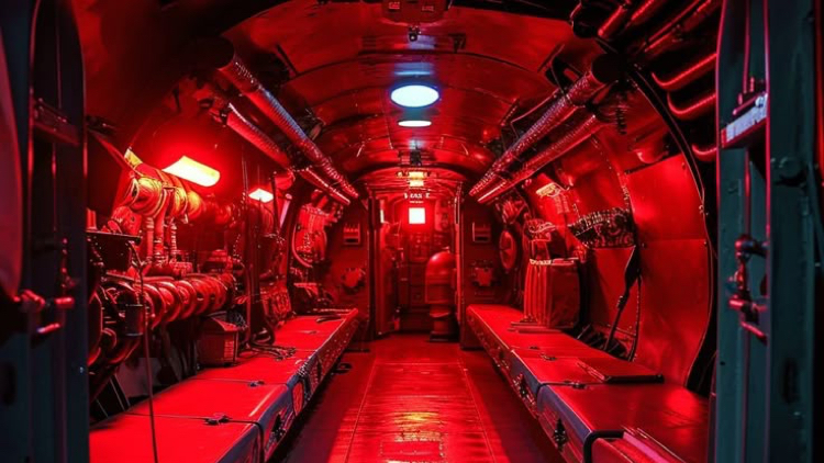 Interior do submarino com luzes vermelhas